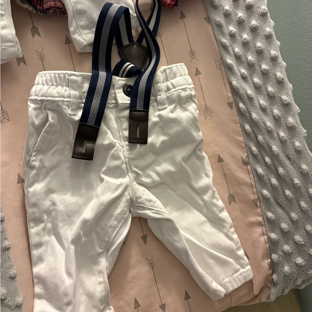 The Children's Place White Baby Dress Pants with Navy Stripe Suspenders
